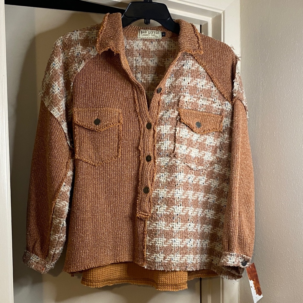 Bad Little Country Girl Brown & Cream Houndstooth Knit Jean Shacket. Oversize S